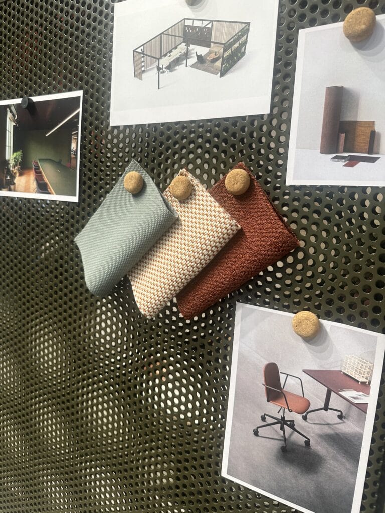 Terracotta and green texture swatches for interiors finishes image. 